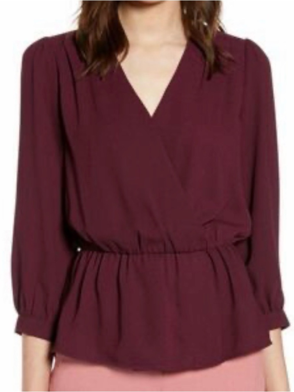 Halogen Burgundy Wrap-Style Long Sleeve Blouse